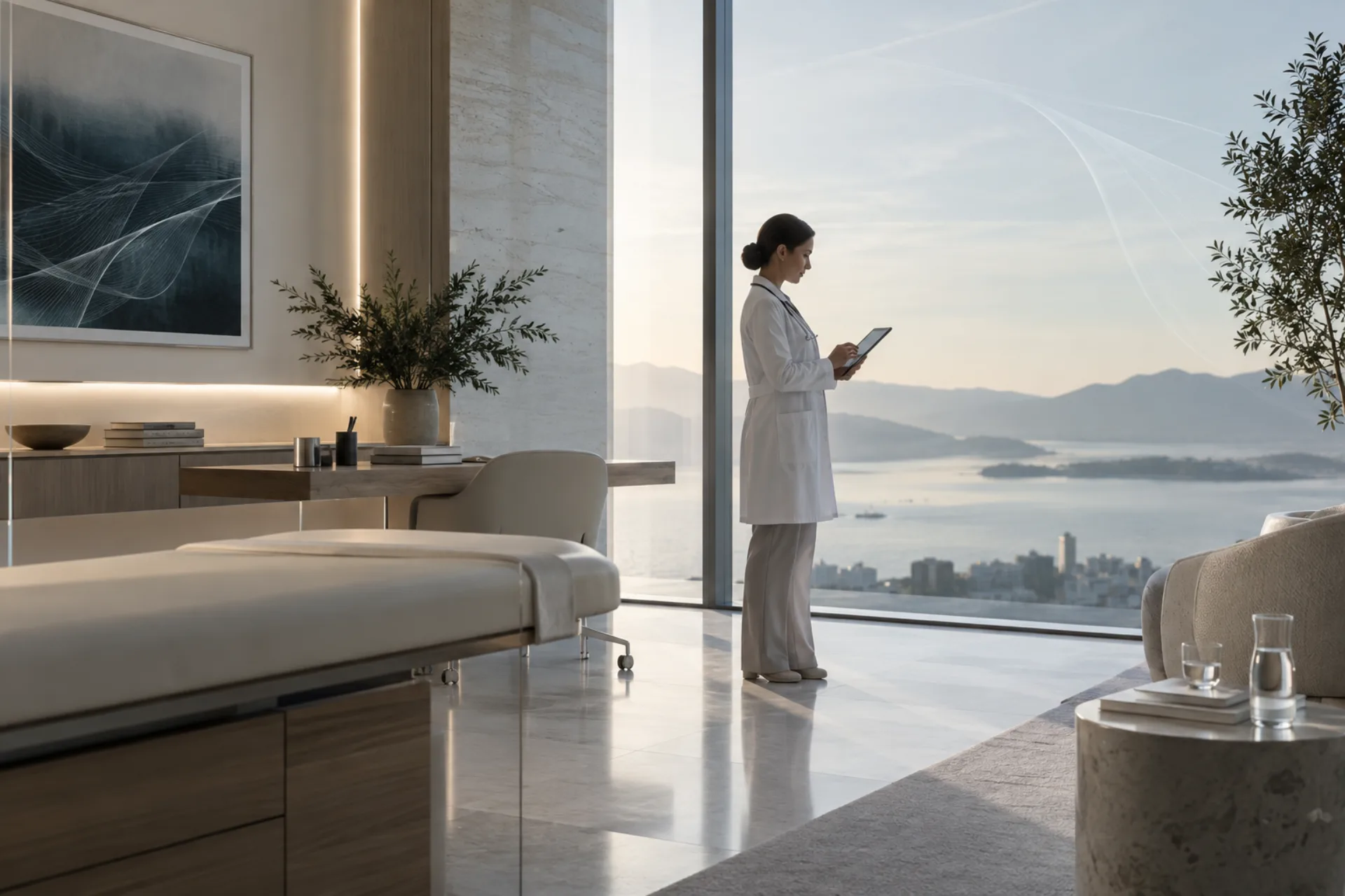 Profissional de saúde em consultório contemporâneo